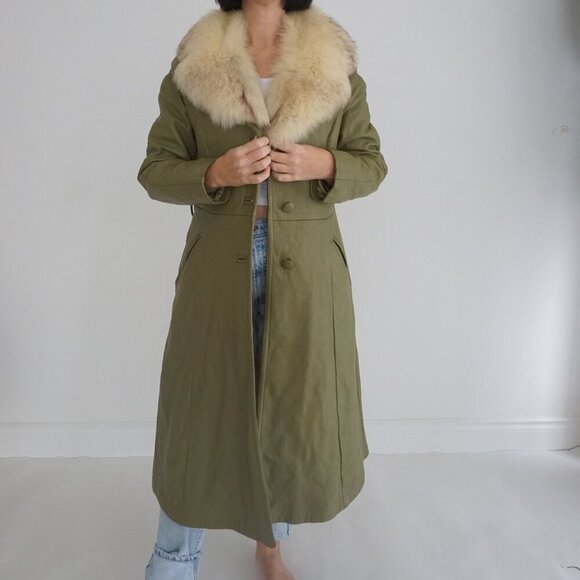 The Old Mill Glen Lainey Banton Olive Green Penny Coat Leather Trench Jacket M - Picture 1 of 16